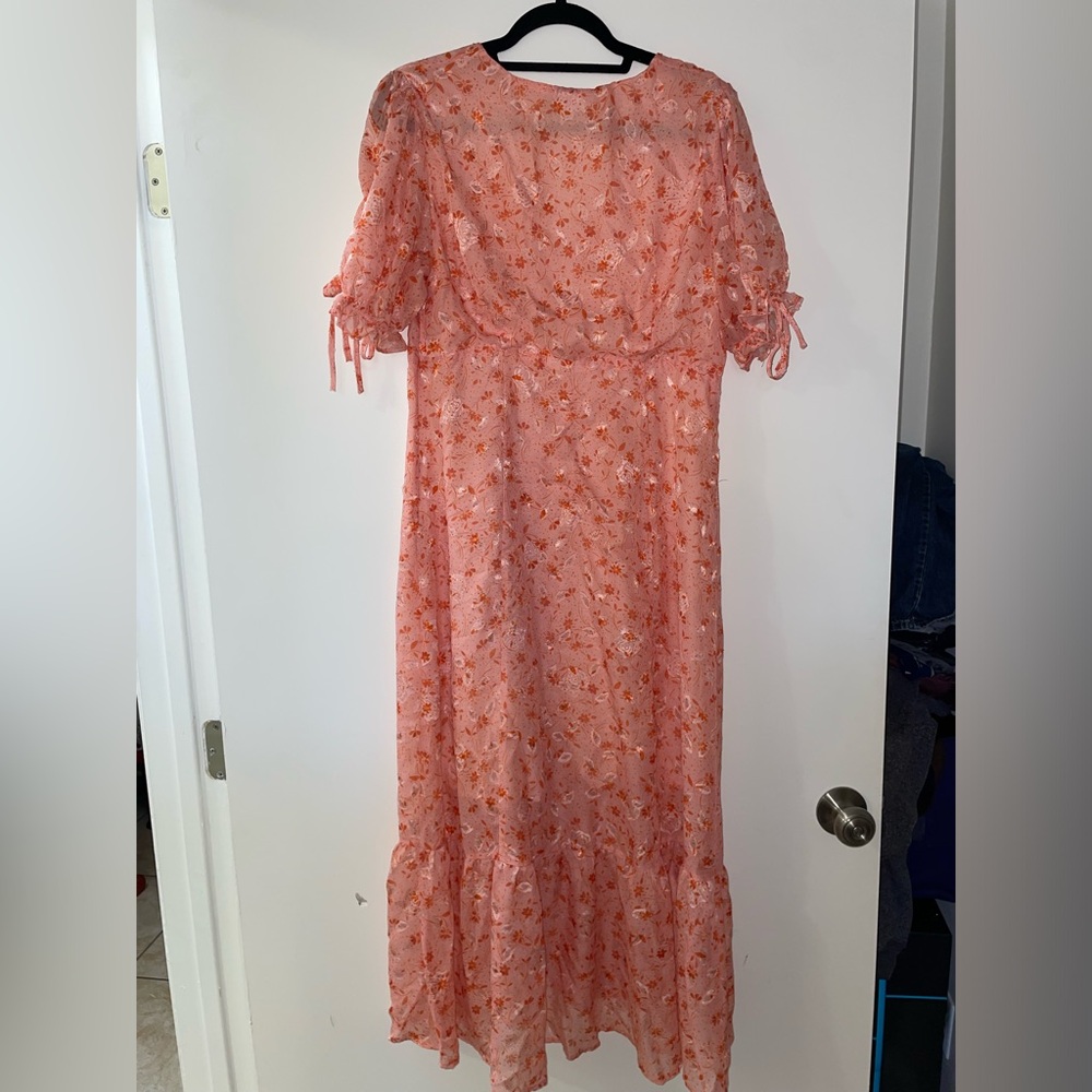 Chelsea 28 Prairie Coral Floral Tie Sleeve Ruffle Hem Midi Dress Size L(12/14)⭐️ - Picture 11 of 15